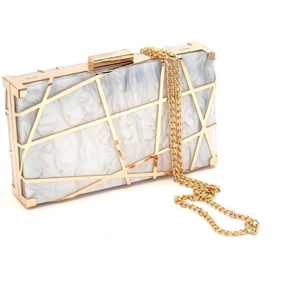 Firenze K Stunning Evening White Acrylic Gold Metal Frame Clutch - Picture 11 of 11